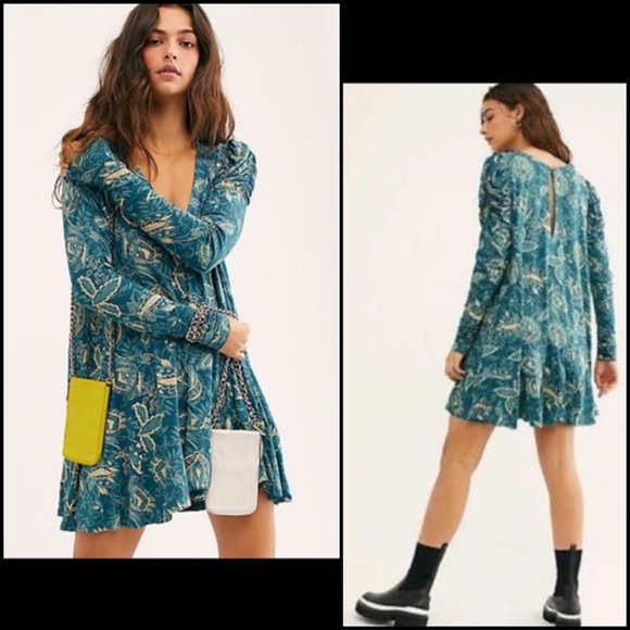 Free People Ruched Puff Sleeve Turquoise Floral Print Tunic Blouse Top Dress - Picture 1 of 12